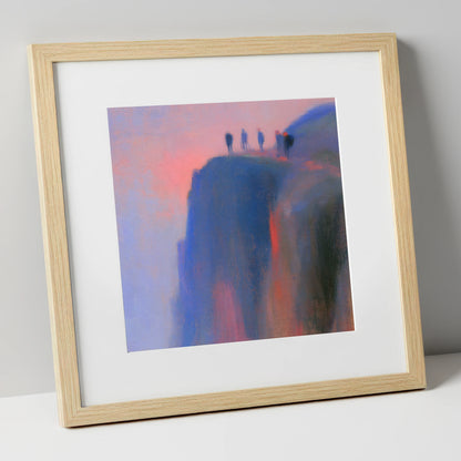 Climbers on a Twilight Crag lake district walking art print in natural frame