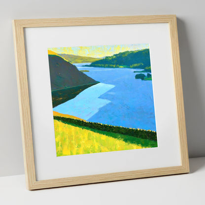 Vibrant Ullswater Above Pooley Bridge lake district village art print in natural frame