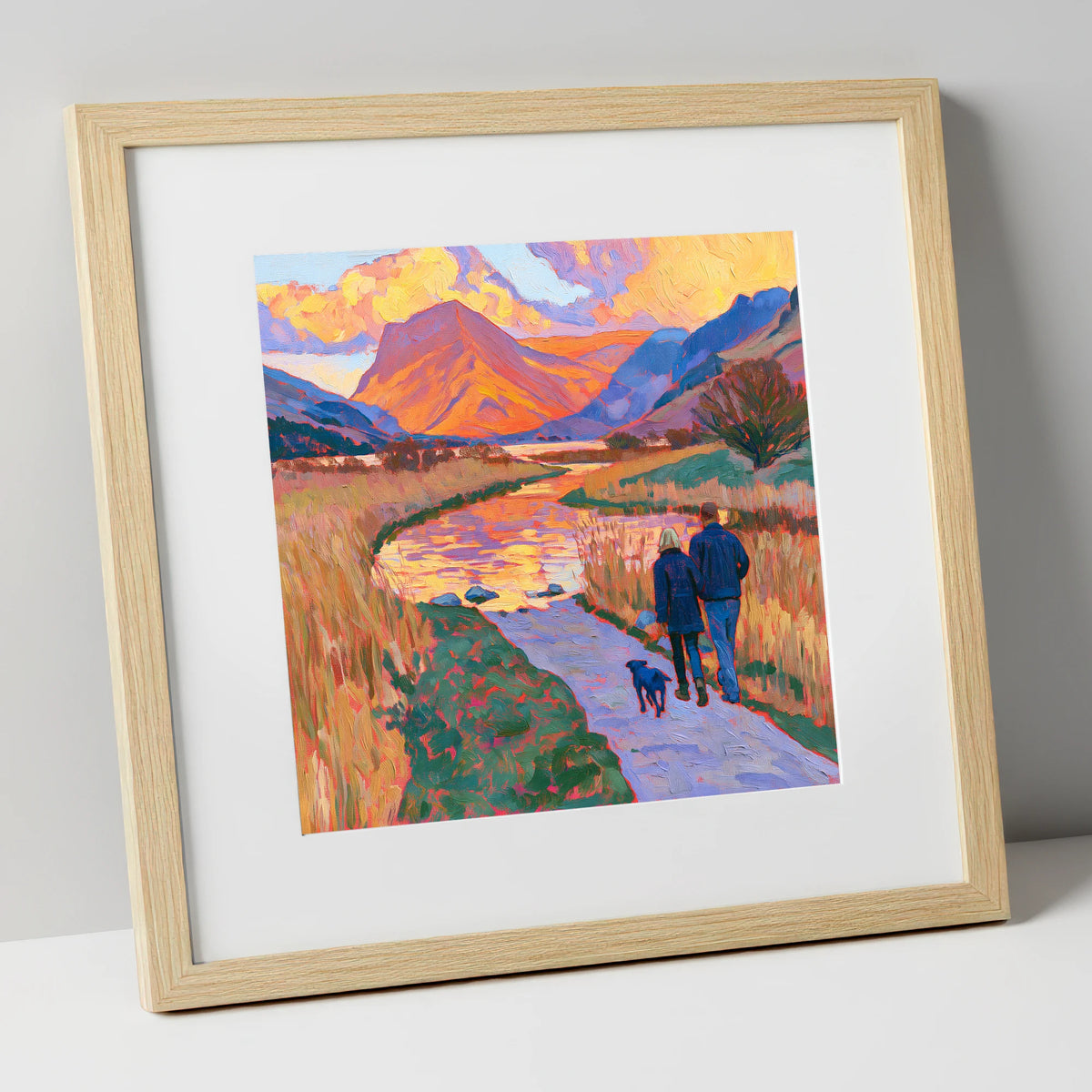 Sunset Dog Walk at Buttermere gifts for dog walkers art print in natural frame
