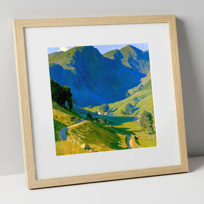 Valley Farm Beneath Blue Fells lake district valley art print in natural frame