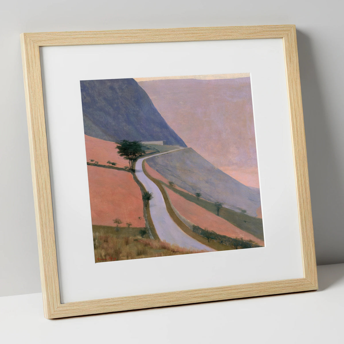 Winding Mountain Pass in Dusk Pink lake district valley art print in natural frame