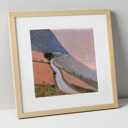 Winding Mountain Pass in Dusk Pink lake district valley art print in natural frame