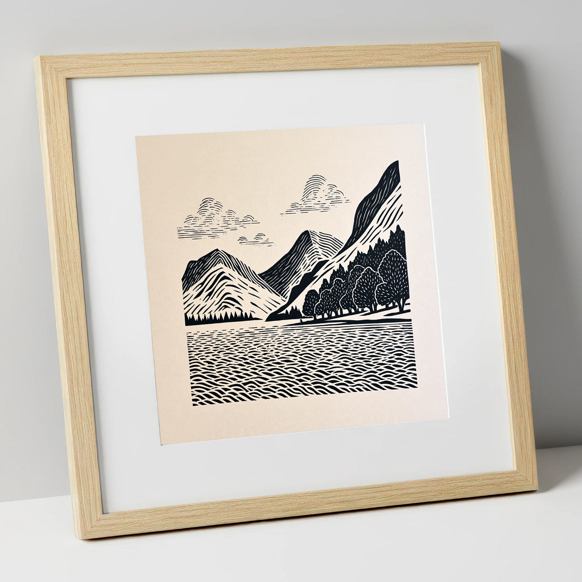 Striking Buttermere Fells and Lake lake district lake art print in natural frame