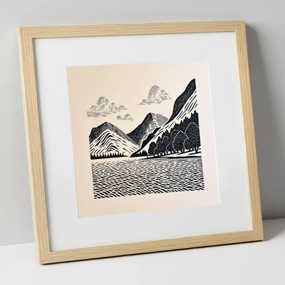 Striking Buttermere Fells and Lake lake district lake art print in natural frame