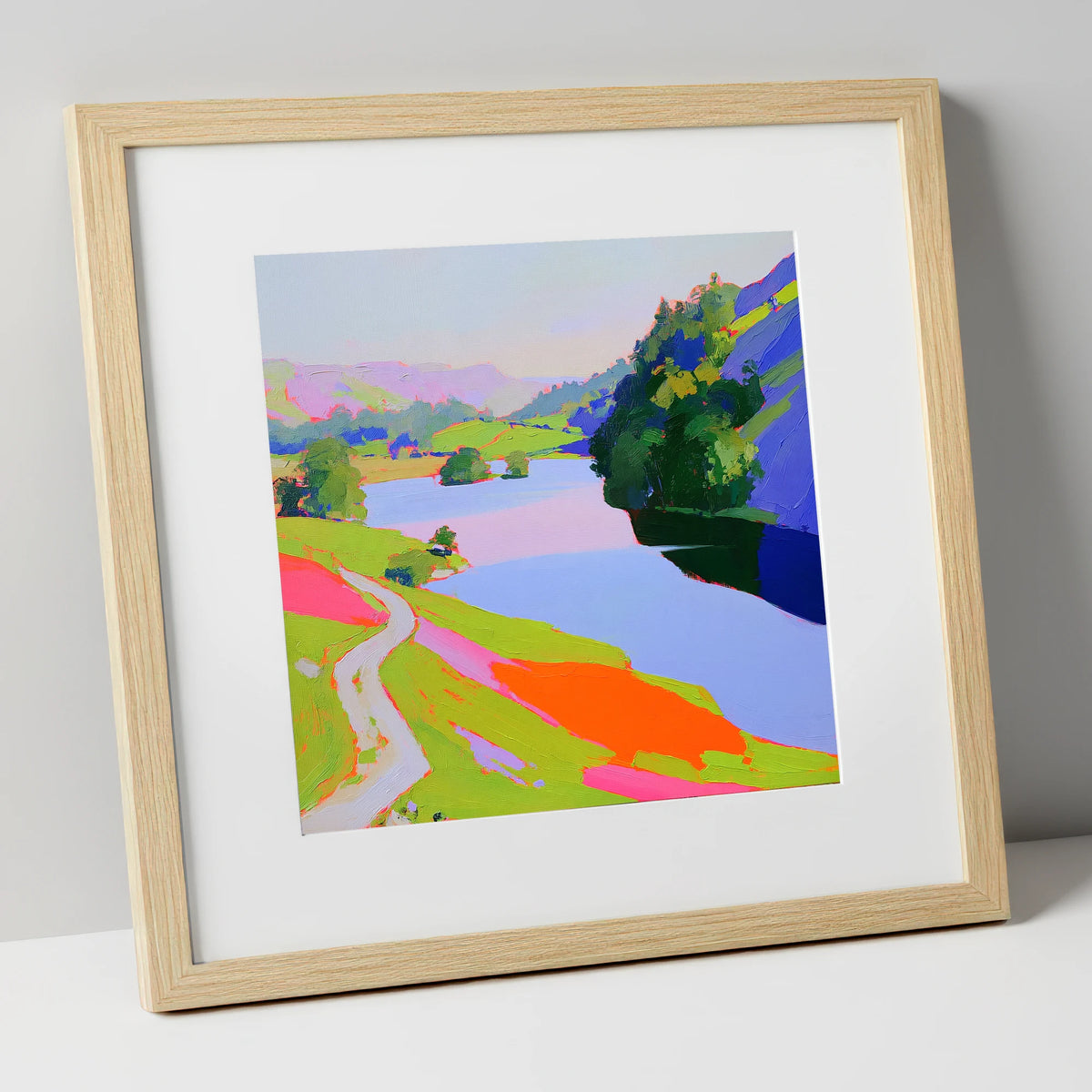 Vibrant Path by Rydal Water lake district lake art print in natural frame
