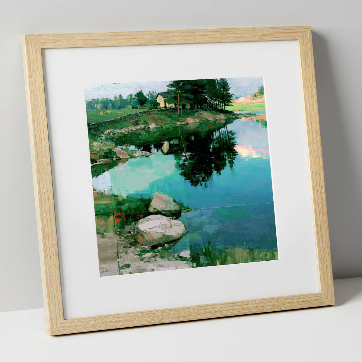 Lakeside Cottage And Turquoise Reflections lake district lake art print in natural frame