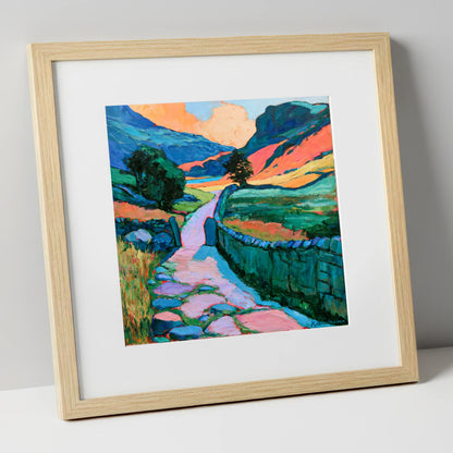 Vibrant Valley Path and Drystone Wall lake district valley art print in natural frame