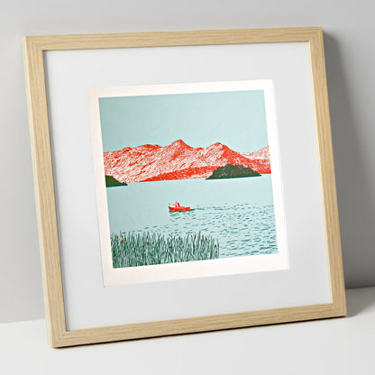 Derwentwater Fells in Vivid Red lake district lake art print in natural frame