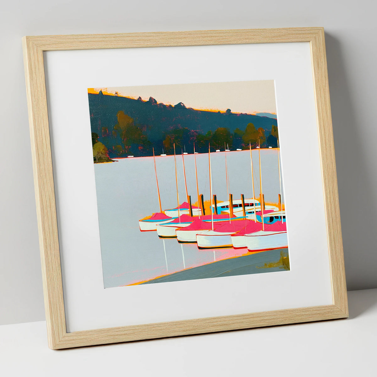 Vibrant Pink Boats on Windermere lake district lake art print in natural frame