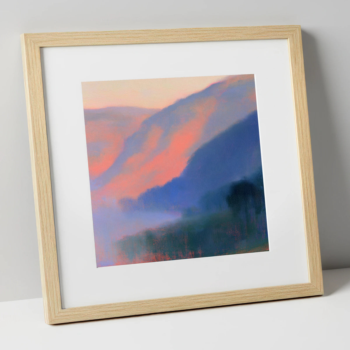 Pink Dawn Over Valley Mist lake district sky art print in natural frame