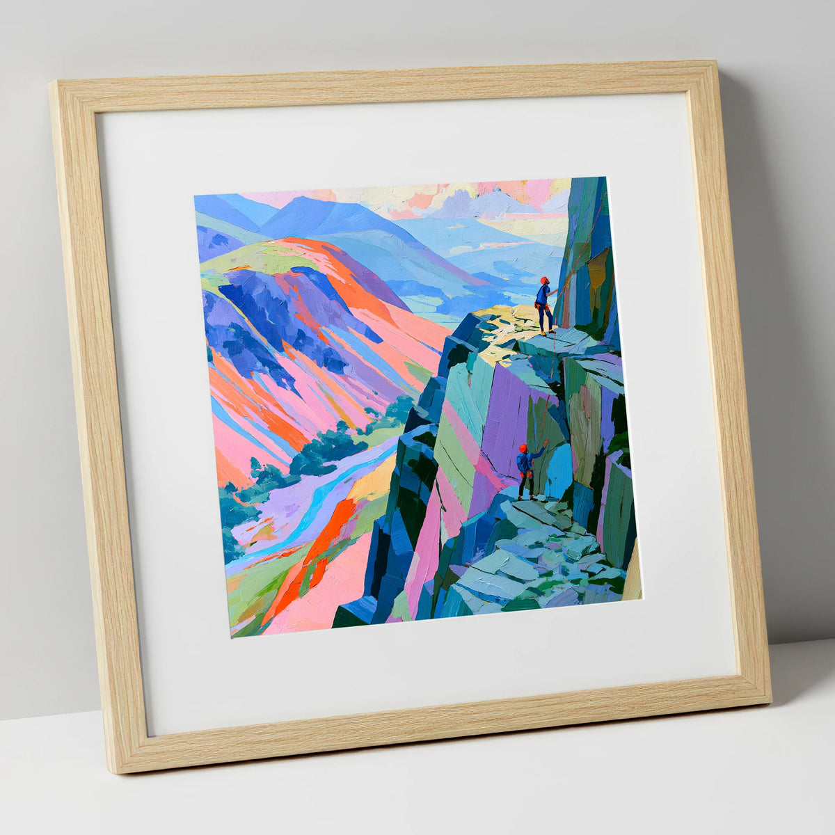 Rock Climbers on Vibrant Crag lake district walking art print in natural frame