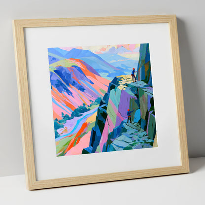 Rock Climbers on Vibrant Crag lake district walking art print in natural frame
