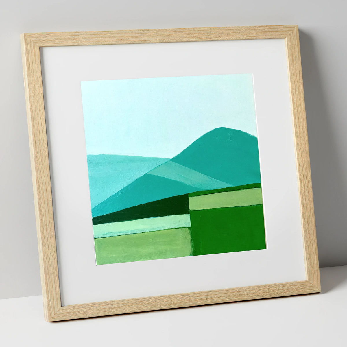 Modern Geometric Blencathra In Teal lake district fell art print in natural frame