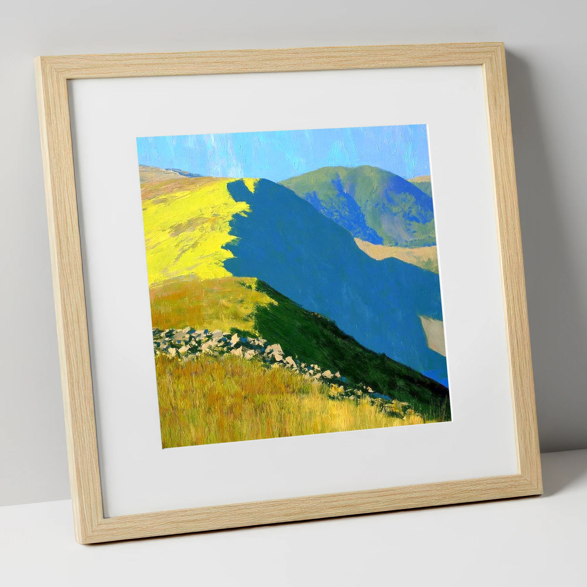 Vibrant Sunlight on Yoke Ridge lake district fell art print in natural frame
