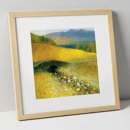 Golden Light Over Ashness Bridge lake district waterfall art print in natural frame
