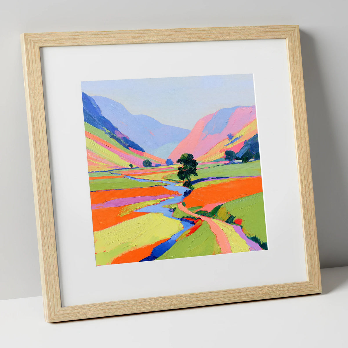 Bright Lakeland Valley Mist lake district sky art print in natural frame