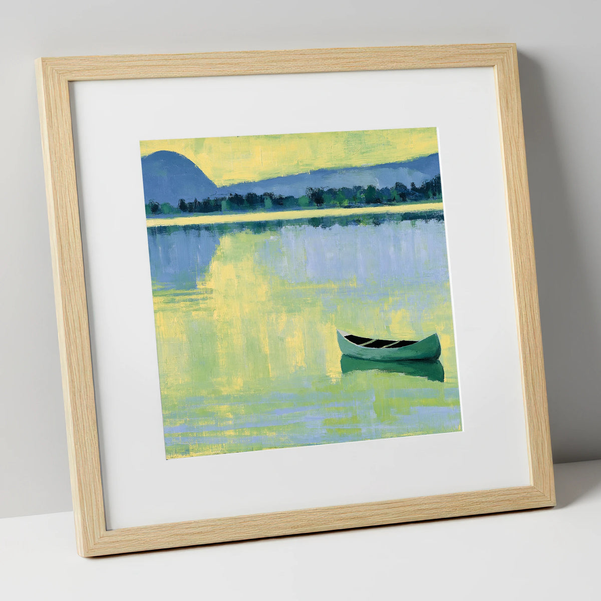 Windermere Canoe in Yellow Light lake district lake art print in natural frame