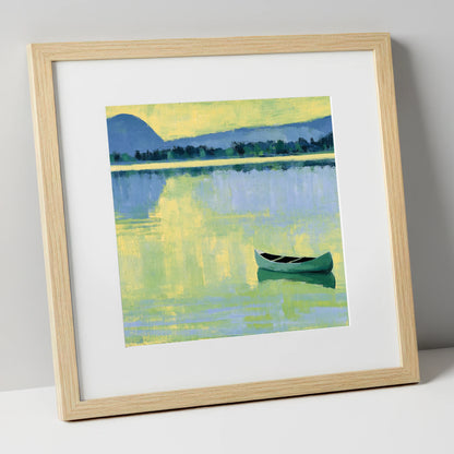 Windermere Canoe in Yellow Light lake district lake art print in natural frame