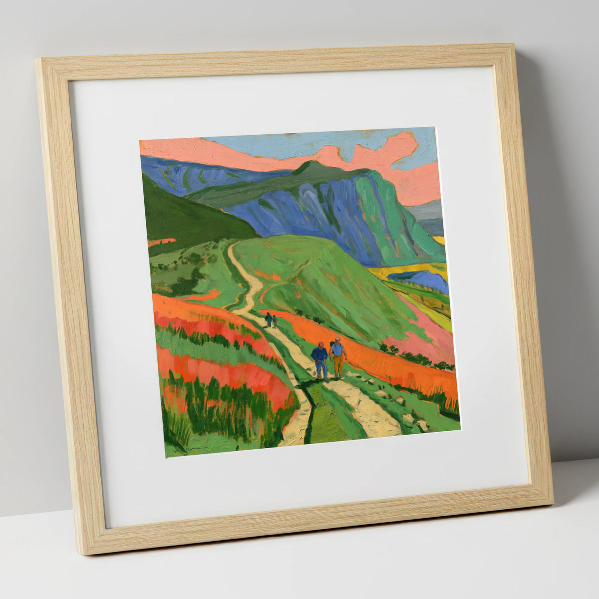 Vivid Mountain Path Walkers lake district walking art print in natural frame