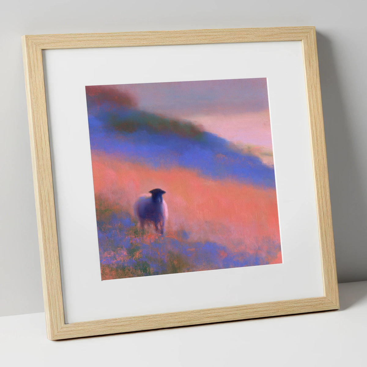 Herdwick Sheep in Twilight Mist lake district wildlife art print in natural frame