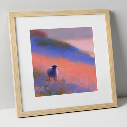 Herdwick Sheep in Twilight Mist lake district wildlife art print in natural frame