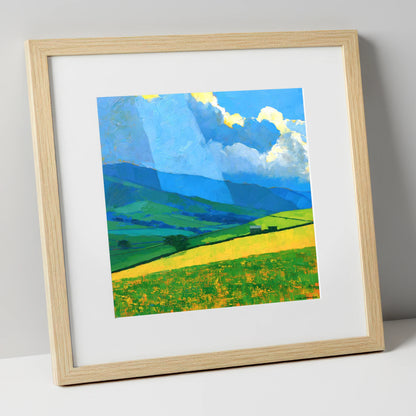 Sunlit Yellow Fields and Stormy Fells lake district sky art print in natural frame