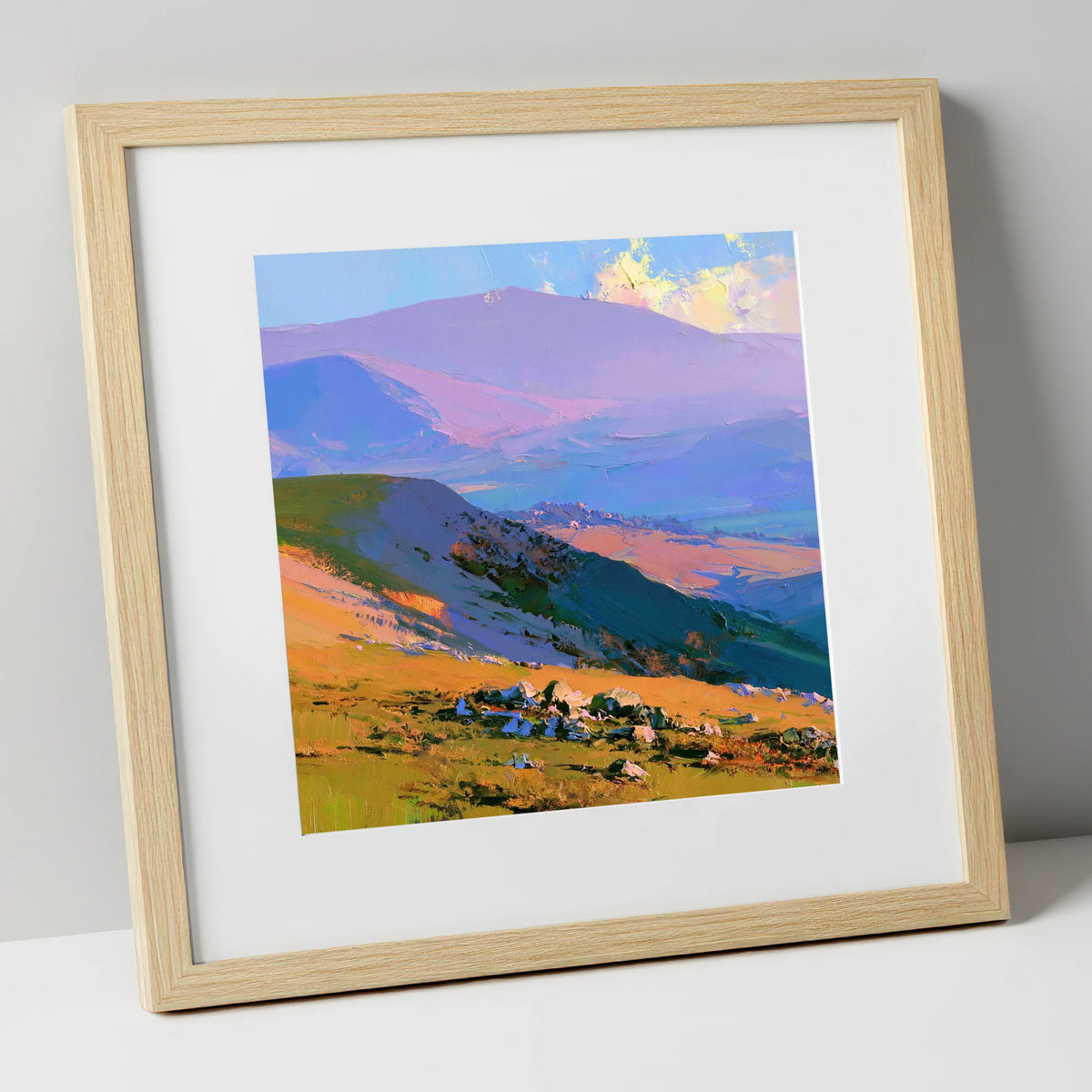 Sunlit Summit and Purple Fells lake district fell art print in natural frame