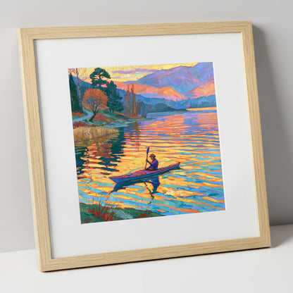 Sunset Kayaker on the Lake lake district walking art print in natural frame
