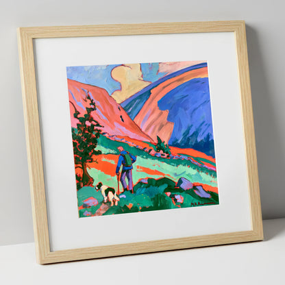 Vibrant Dog Walk on Threlkeld gifts for dog walkers art print in natural frame