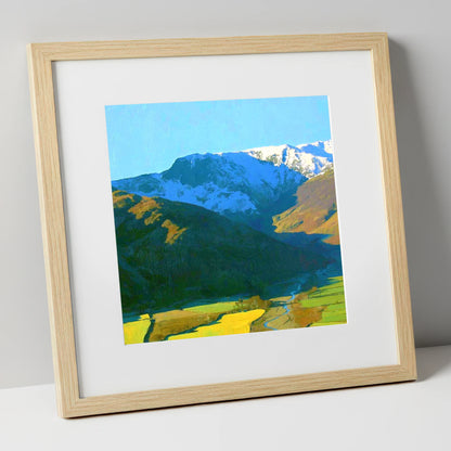 Snowy Glaramara Over Winding River lake district fell art print in natural frame