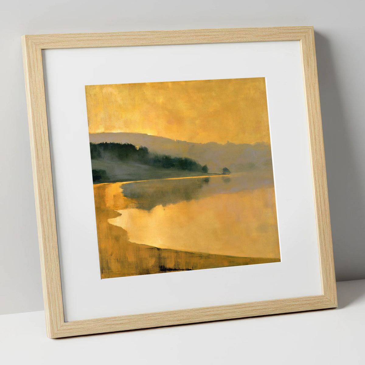 Ochre Dawn Over the Lake lake district lake art print in natural frame