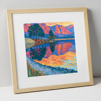 Vivid Dawn Lake Reflection lake district lake art print in natural frame