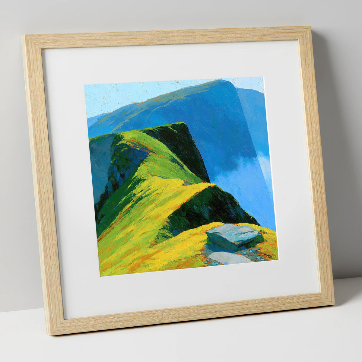Sunlit Ridge and Deep Blue Crags lake district fell art print in natural frame