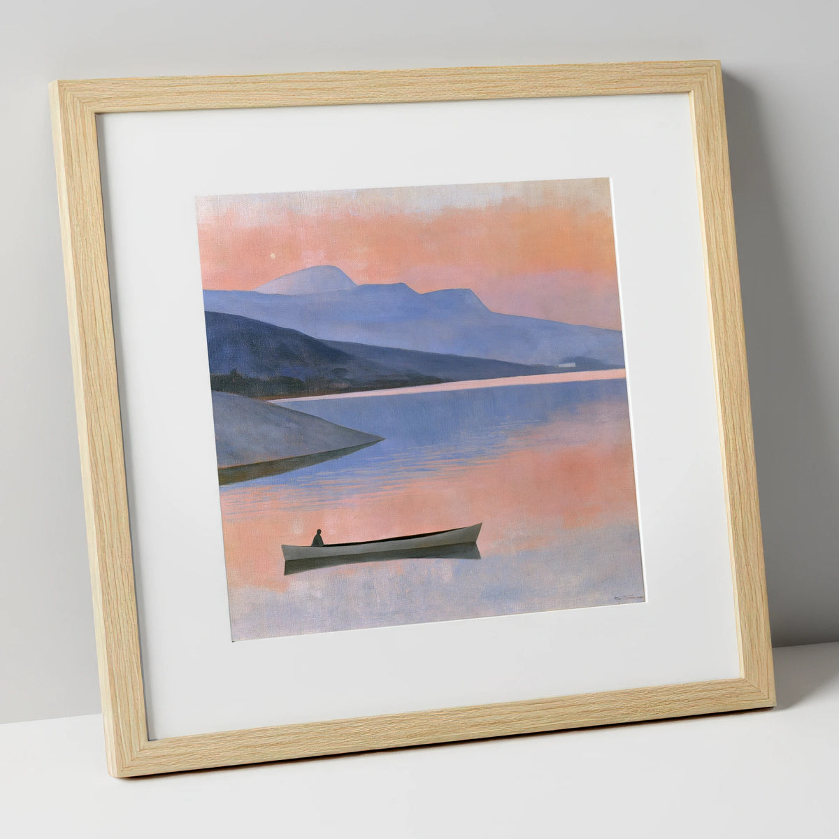 Twilight Lake with Lone Boat lake district lake art print in natural frame