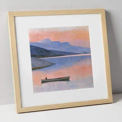 Twilight Lake with Lone Boat lake district lake art print in natural frame