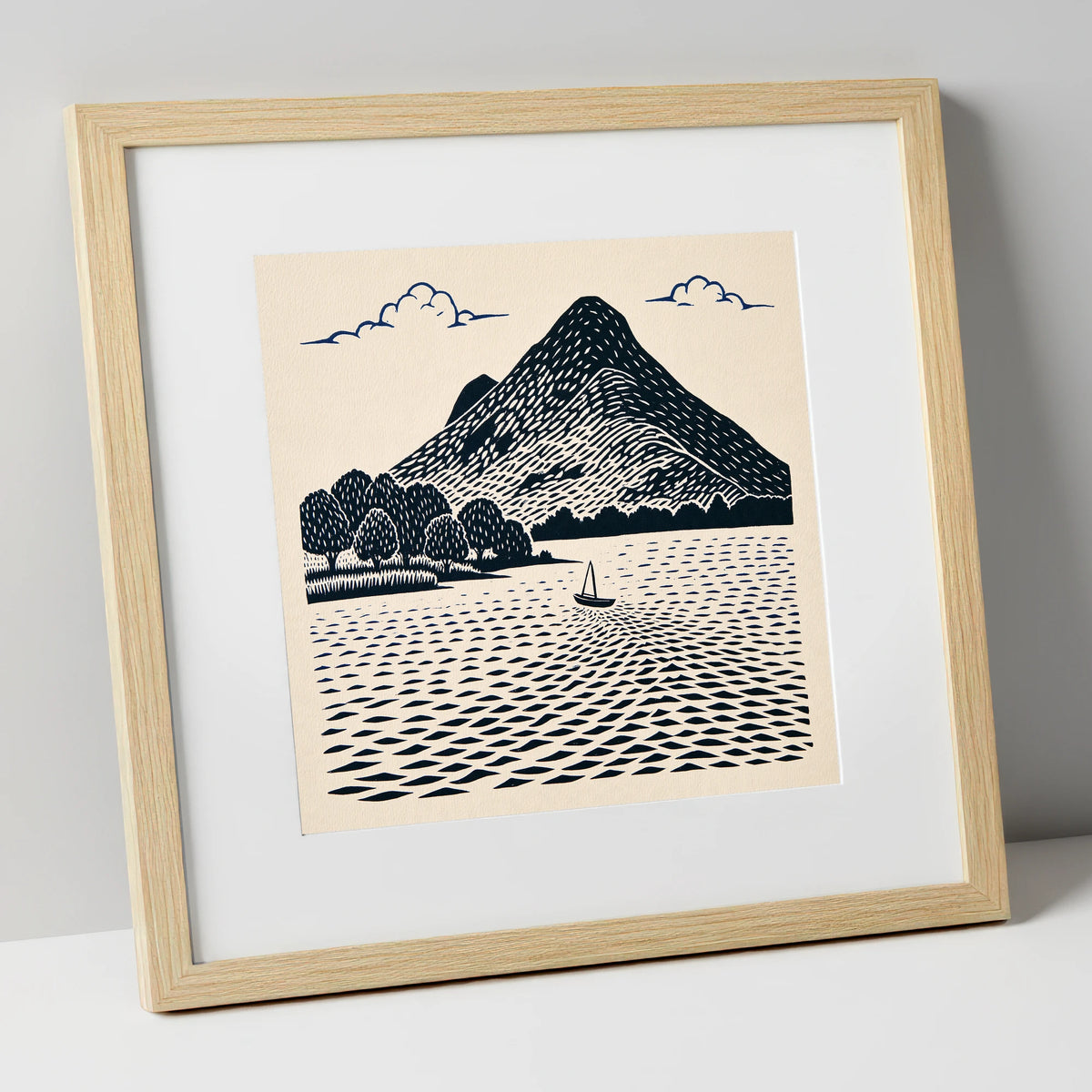 Graphic Catbells and Sailing Boat lake district fell art print in natural frame