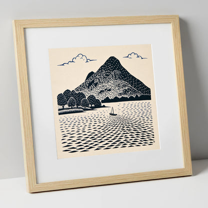 Graphic Catbells and Sailing Boat lake district fell art print in natural frame
