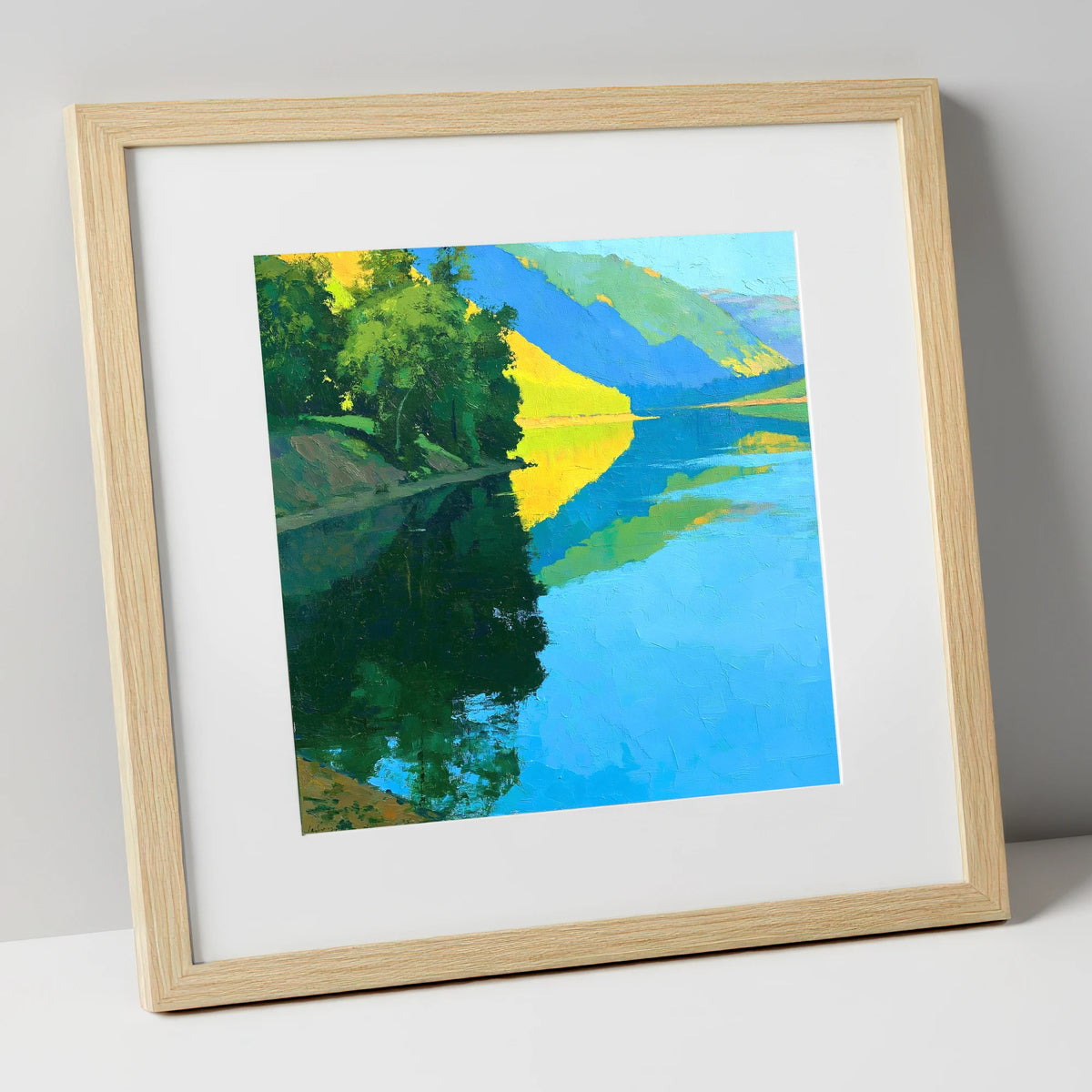 Sunlit Fells Reflecting in Cerulean Water lake district lake art print in natural frame