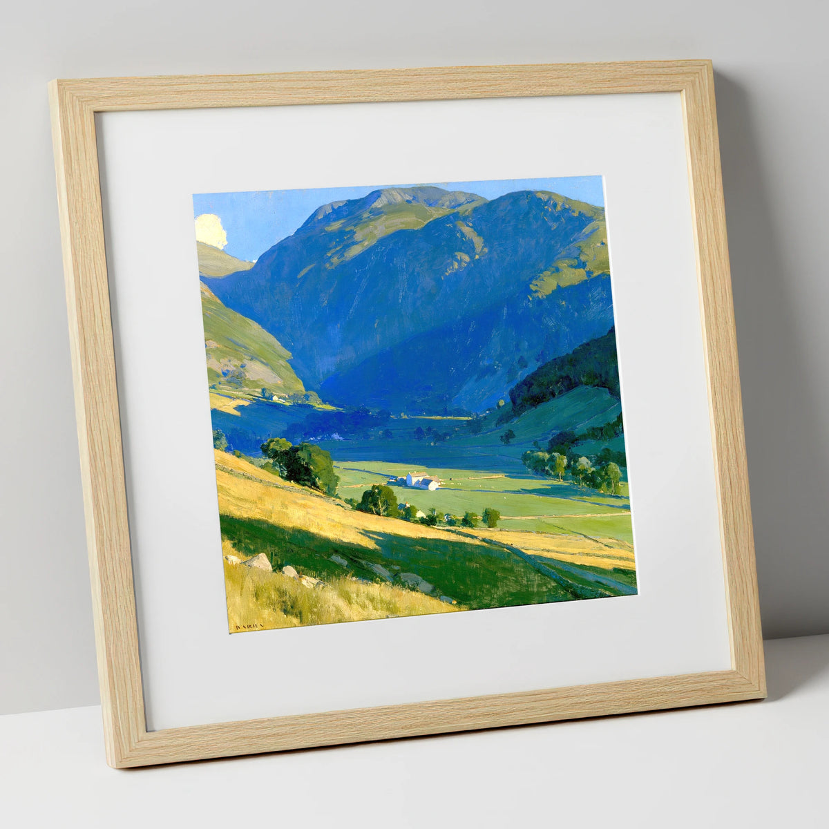 Sunlit Green Valley Between Fells lake district valley art print in natural frame
