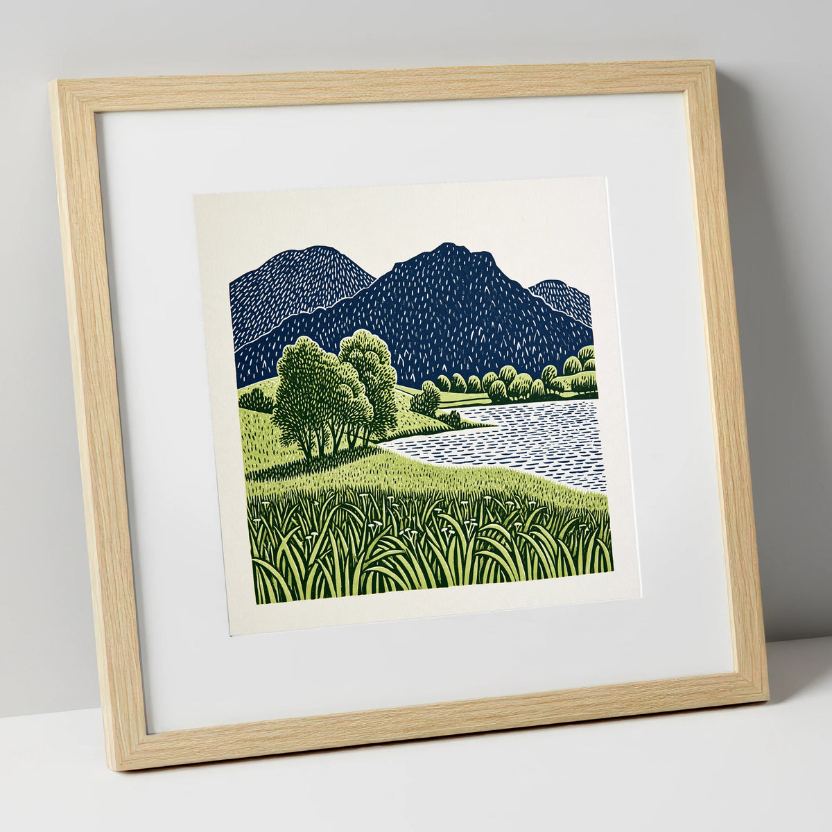 Grasmere Fells in Navy and Green lake district lake art print in natural frame