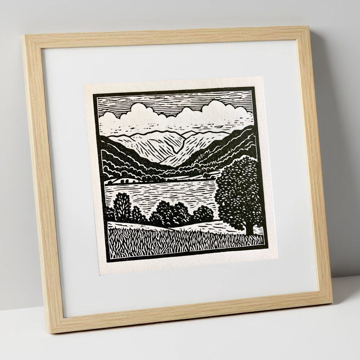 Grasmere and Fells in Monochrome lake district lake art print in natural frame