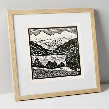 Grasmere and Fells in Monochrome lake district lake art print in natural frame