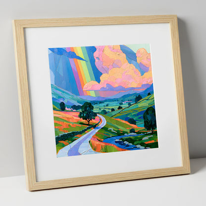 Vibrant Rainbow Over Lakeland Fells lake district sky art print in natural frame