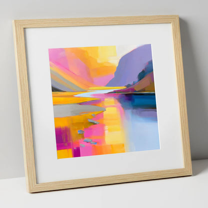 Pink and Gold River Valley lake district waterfall art print in natural frame