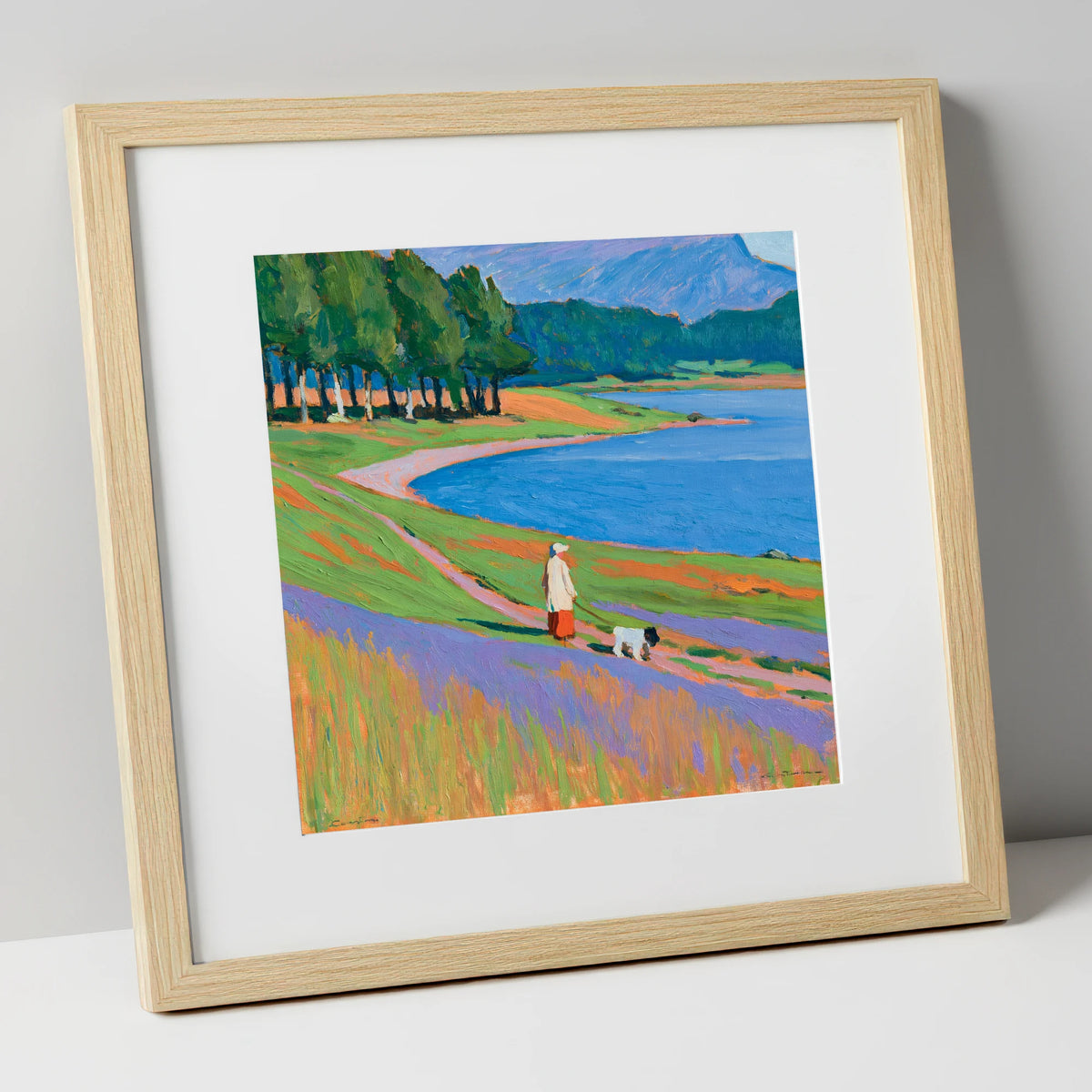 Vibrant Tarn Hows Dog Walk gifts for dog walkers art print in natural frame