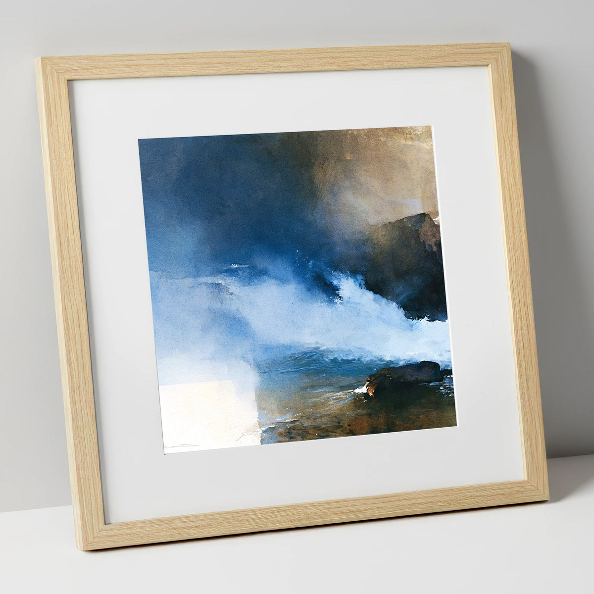 Stormy Blue Fellside Beck lake district waterfall art print in natural frame