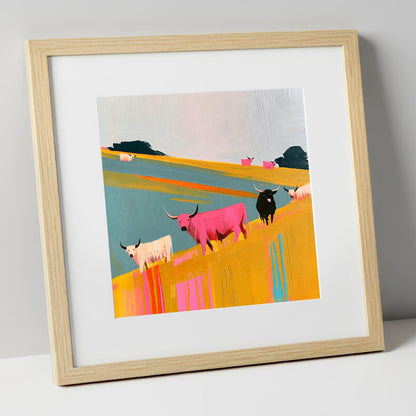 Colourful Highland Cattle Grazing lake district wildlife art print in natural frame