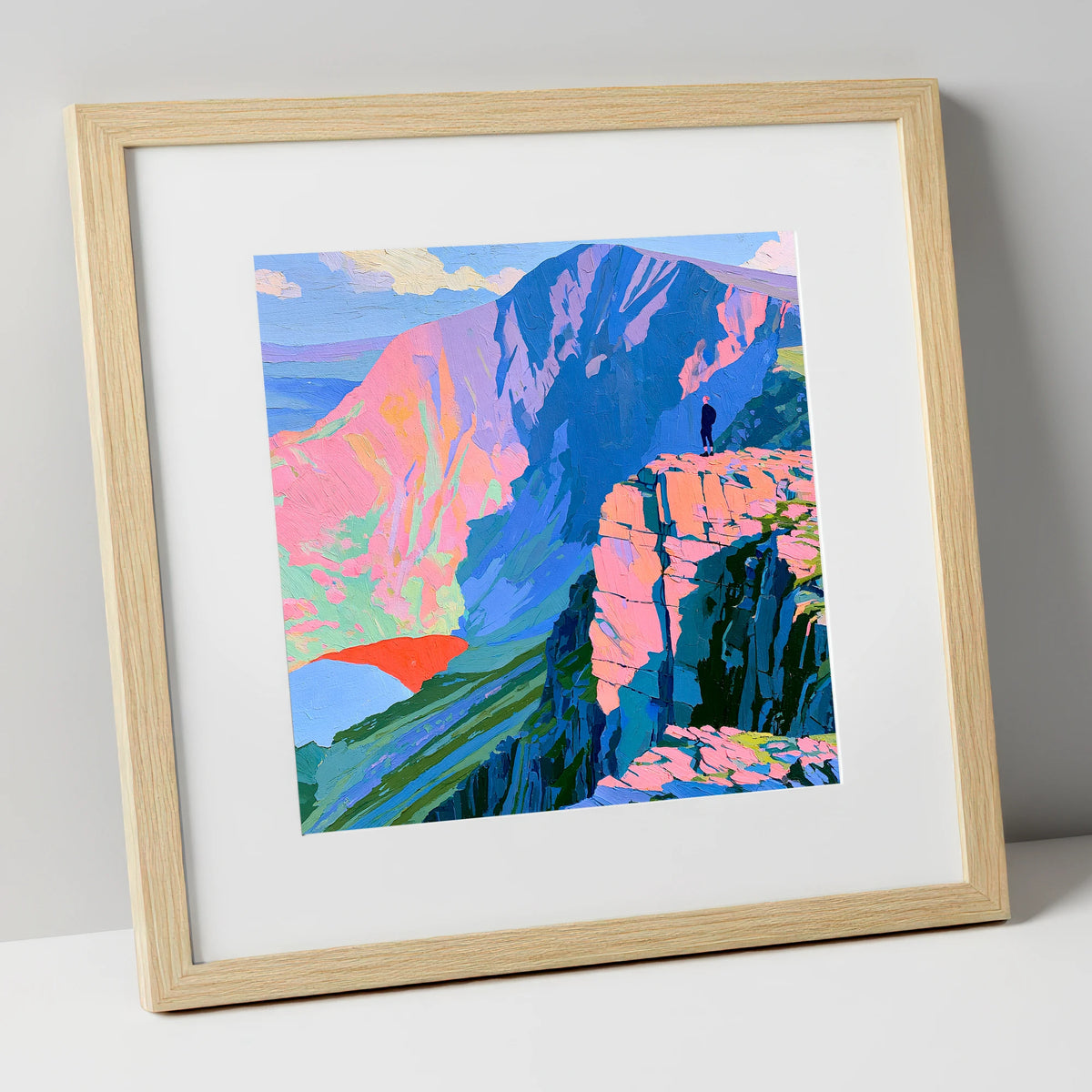 Helvellyn Walker in Vibrant Colour lake district fell art print in natural frame