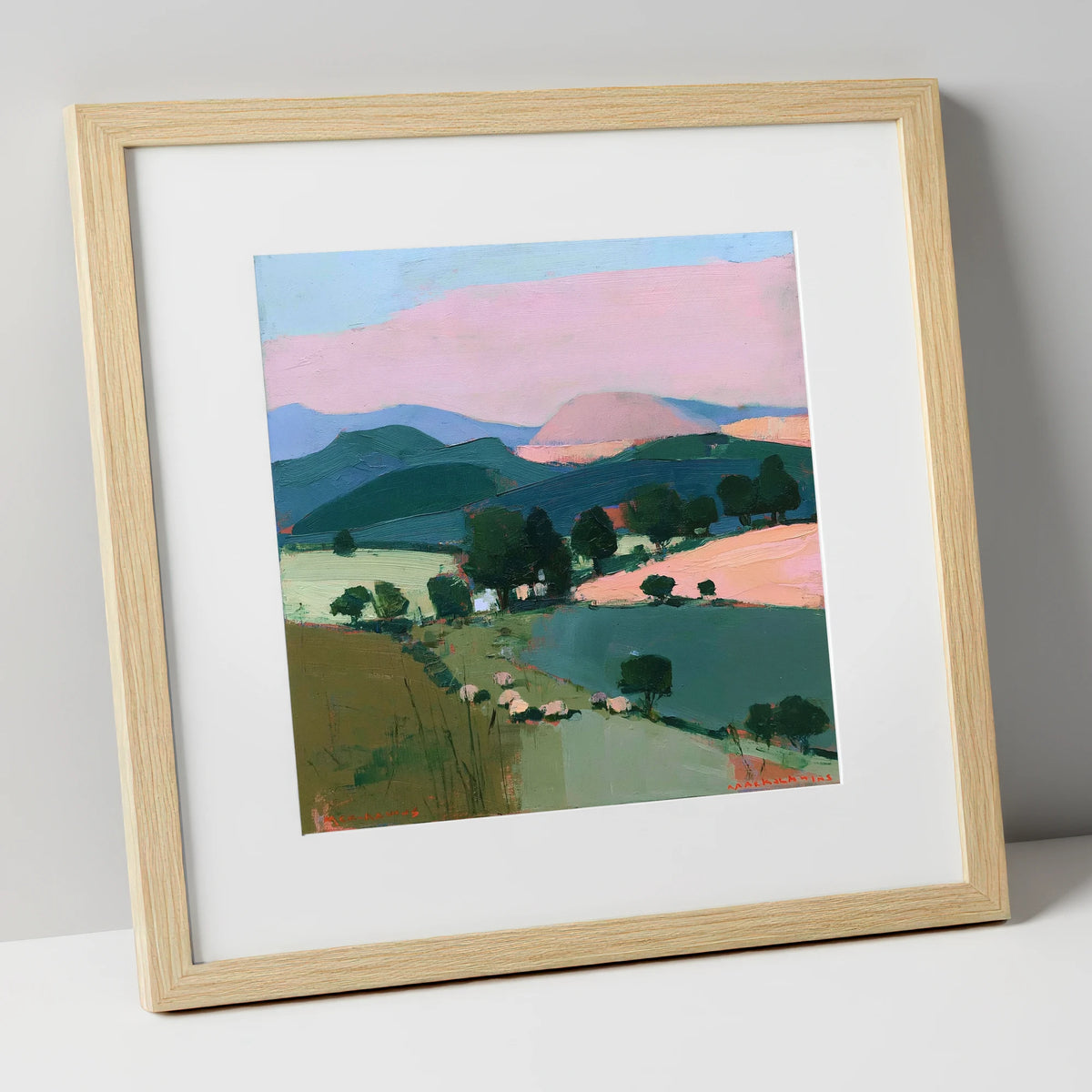 Pink Evening Light on Lakeland Fells lake district sky art print in natural frame
