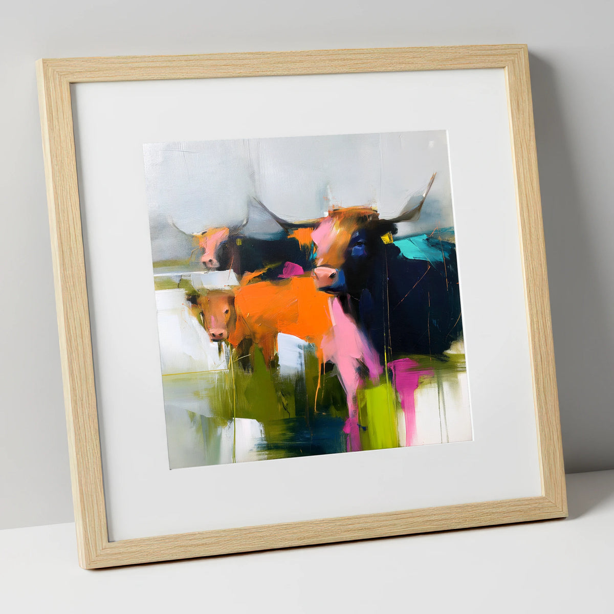 Abstract Highland Cattle Grazing lake district wildlife art print in natural frame